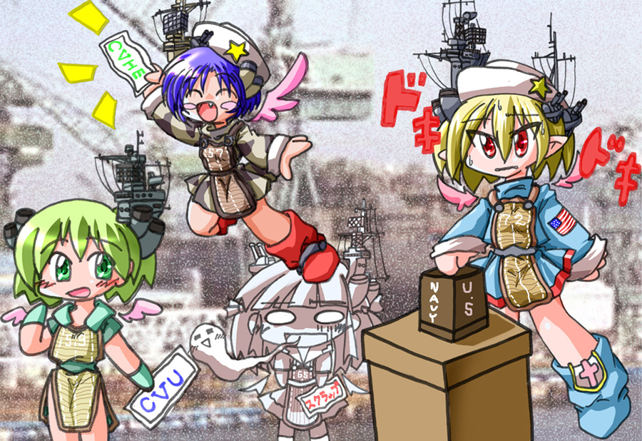aircraft_carrier american_flag annotated antennae apron arm_up blonde_hair blush blush_stickers boots casablanca_class_escort_carrier chibi clothes_writing despair detached_wings dress empty_eyes fang flight_deck giving_up_the_ghost gloves green_eyes green_hair happy hat jumping lottery mecha_musume military military_vehicle multiple_girls no_nose o_o open_mouth original pale_face personification photo_background pointy_ears red_eyes shinsanbou ship short_hair side_slit sleeves_folded_up star sweatdrop translated us_navy warship watercraft wings world_war_ii