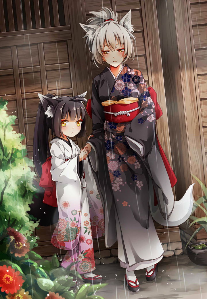animal_ears black_hair floral_print fox_ears fox_tail hand_on_another's_arm holding_hands japanese_clothes kimono kitsune looking_at_another multiple_girls obi original rain sandals sash shou_(xsongchuan) silver_hair smile tail tied_hair yellow_eyes
