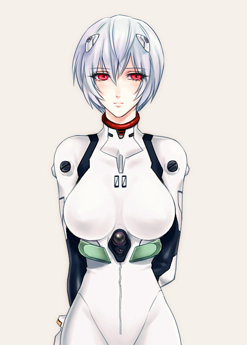 arms_behind_back ayanami_rei blue_hair bodysuit breasts haze00 impossible_clothes large_breasts neon_genesis_evangelion plugsuit red_eyes short_hair solo white_bodysuit
