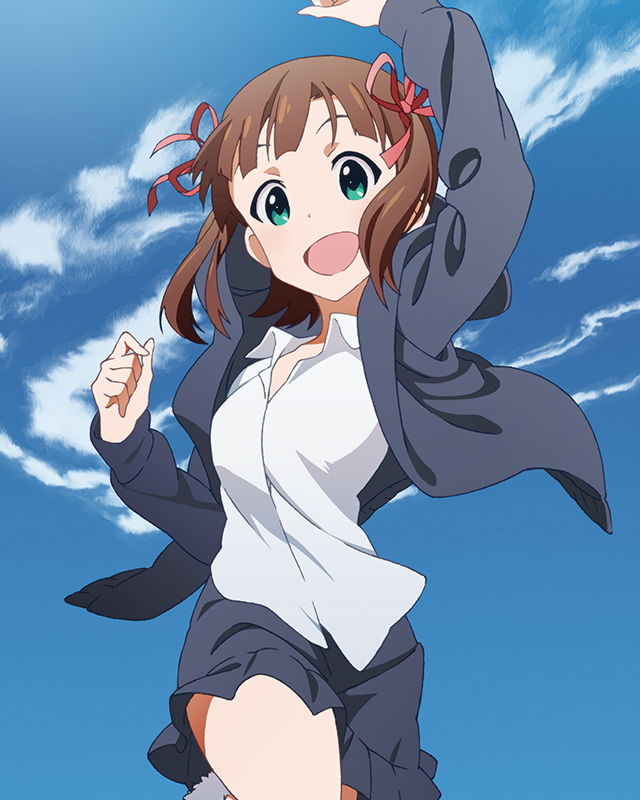 amami_haruka brown_hair cloud day green_eyes idolmaster idolmaster_(classic) idolmaster_million_live! jacket looking_at_viewer official_art open_mouth ribbon short_hair skirt sky smile solo