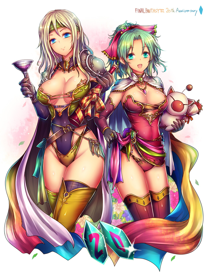 anniversary bandana blonde_hair blue_eyes bottle bouquet breasts cape celes_chere cleavage copyright_name cup drinking_glass final_fantasy final_fantasy_vi flower green_eyes green_hair jewelry kara_(color) large_breasts moogle multiple_girls necklace ring shoulder_armor spaulders thighhighs thighs tina_branford wine_bottle wine_glass