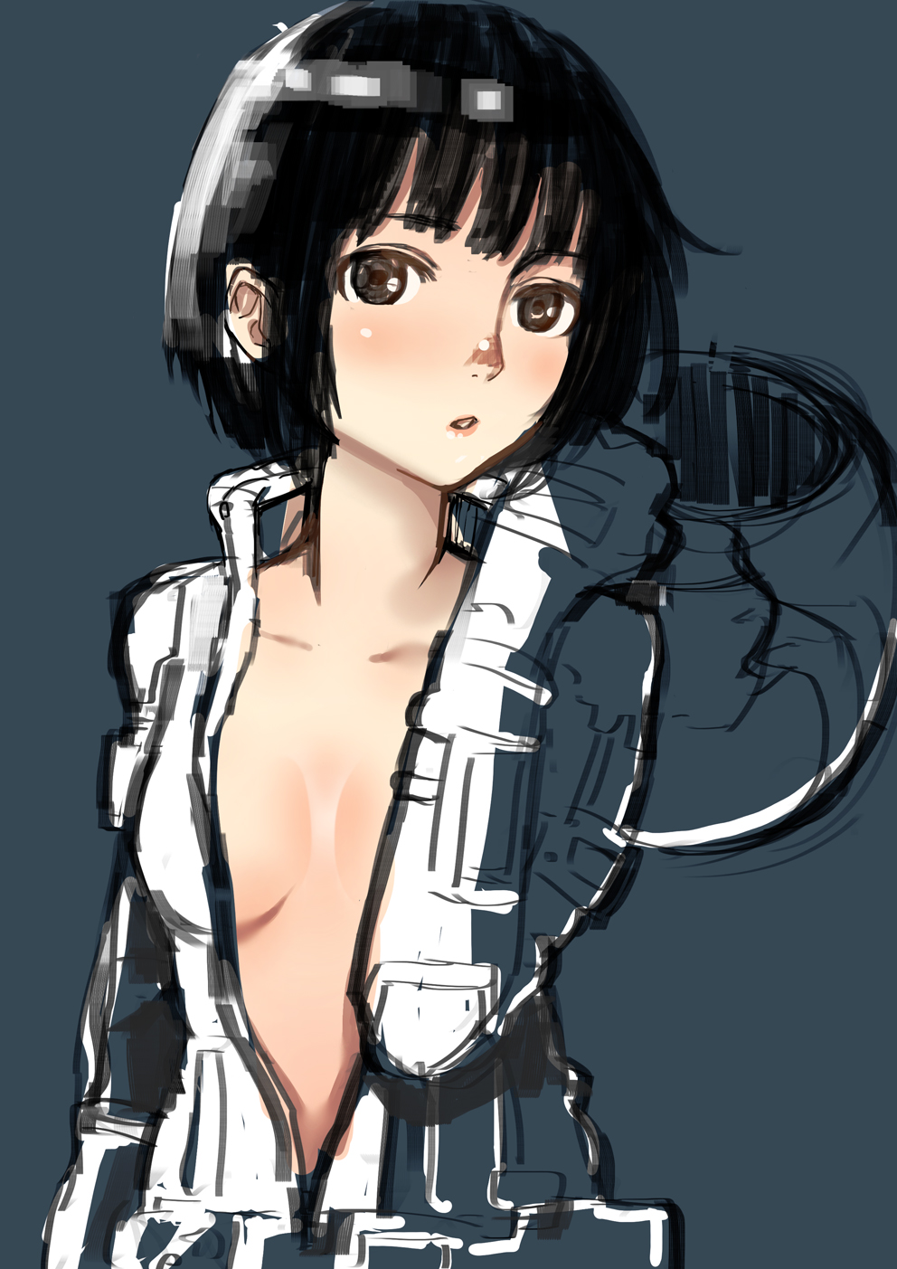 bangs black_hair breasts brown_eyes cleavage helmet highres hoshijiro_shizuka kyuuso_inukami looking_at_viewer open_clothes parted_lips pilot_suit short_hair sidonia_no_kishi sketch small_breasts solo unzipped