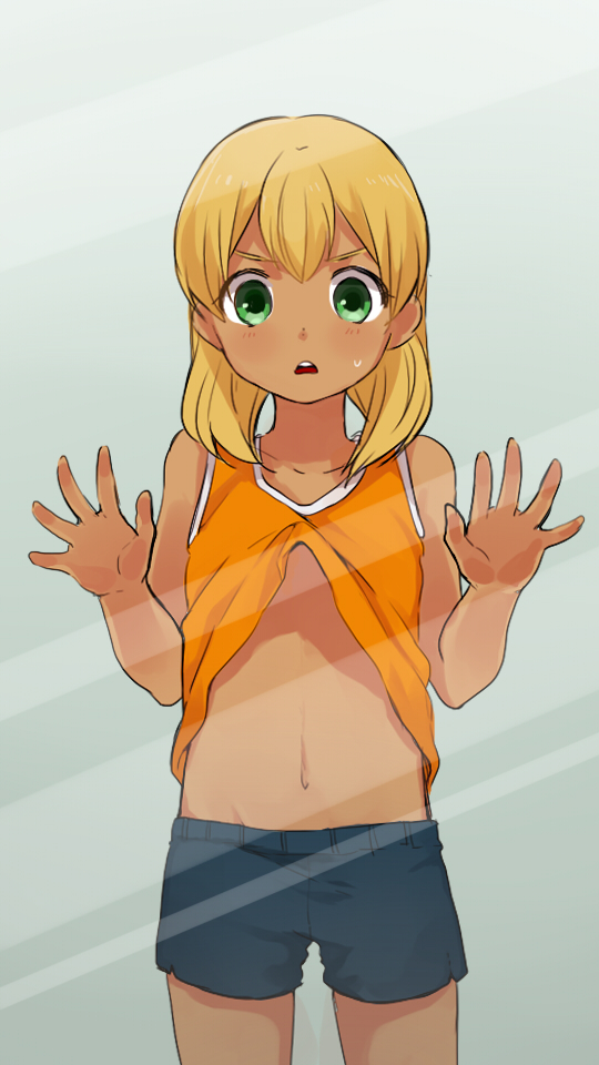 against_glass androgynous bad_id bad_pixiv_id blonde_hair blush green_eyes inazuma_eleven inazuma_eleven_(series) long_hair male_focus miyasaka_ryou navel open_mouth otoko_no_ko shirt_lift shorts solo sweat tan tomo_(sjim)