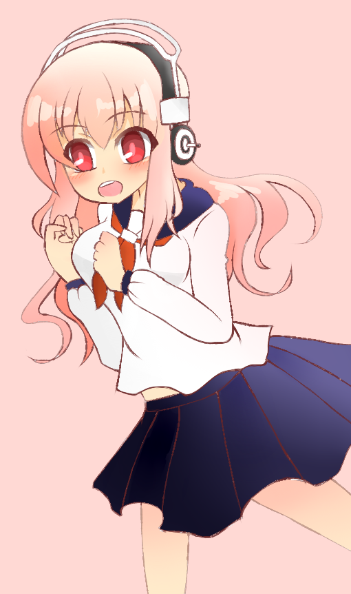 blush breasts headphones large_breasts long_hair looking_at_viewer nitroplus open_mouth pink_eyes pink_hair school_uniform smile solo super_sonico