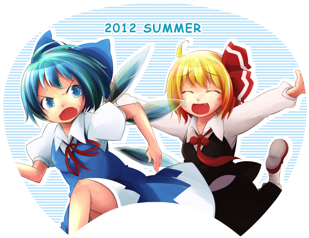 2girls :&lt; :d ^_^ ^o^ blonde_hair blouse bow chasing cirno closed_eyes dress fang hair_bow hair_ribbon jagabutter multiple_girls open_mouth outstretched_arms ribbon rumia short_hair smile spread_arms sweat touhou vest