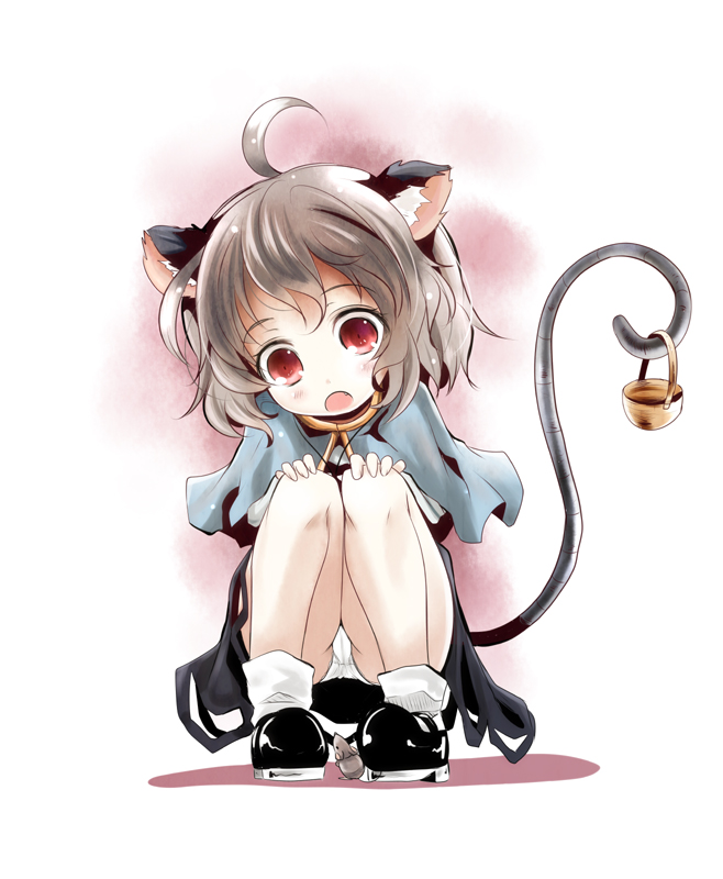 ahoge animal_ears basket blush capelet grey_hair kurona looking_at_viewer mouse mouse_ears mouse_tail nazrin open_mouth panties red_eyes short_hair solo squatting tail touhou underwear white_panties