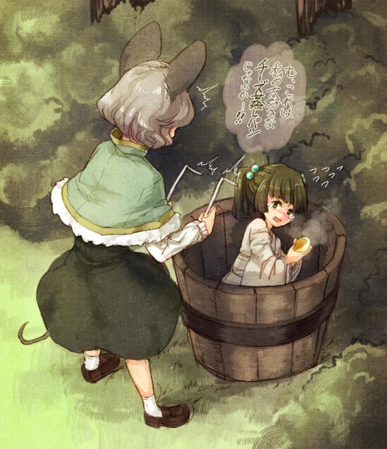 animal_ears bad_id bad_twitter_id blush bucket capelet crying dowsing_rod food green_eyes green_hair grey_hair hair_bobbles hair_ornament in_bucket in_container kisume loafers mouse_ears mouse_tail multiple_girls nazrin robe shoes short_hair socks speech_bubble tail tears text_focus touhou translation_request twintails urin wavy_mouth wooden_bucket