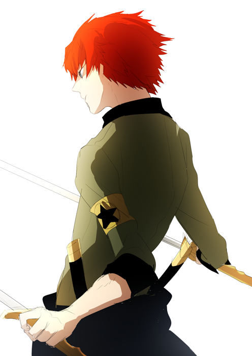 1boy minazuki_sho persona persona_4:_the_ultimate_in_mayonaka_arena red_hair short_hair silver_eyes smile star_(symbol) sword weapon