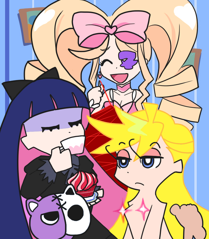 big_hair blonde_hair bow commentary_request creator_connection crossover dress drill_hair eyepatch hair_bow harime_nui honekoneko_(psg) kill_la_kill long_hair multiple_girls panty_&amp;_stocking_with_garterbelt panty_(psg) pink_bow smile stocking_(psg) twin_drills twintails
