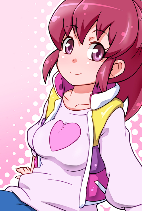 aino_megumi happinesscharge_precure! pink_background pink_eyes pink_hair ponytail precure ryuuta_(cure_ryuuta) shirt short_hair sitting smile solo vest