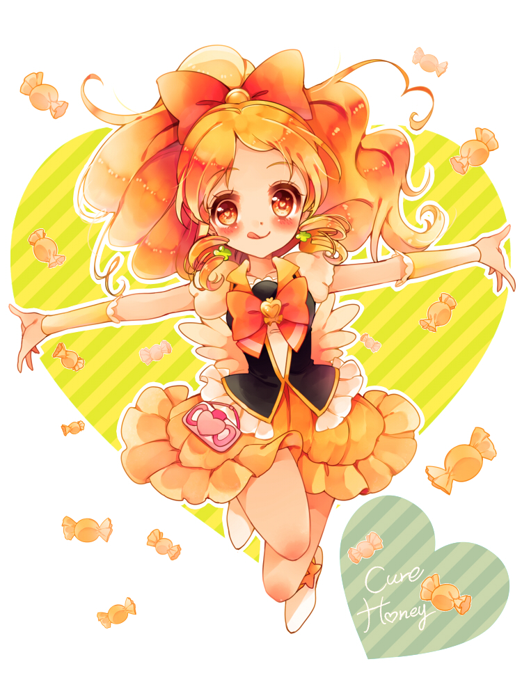 :q blonde_hair bow bowtie brooch candy character_name cure_honey earrings food frills full_body hair_bow happinesscharge_precure! jewelry magical_girl oomori_yuuko outstretched_arms ponytail precure short_hair skirt smile solo spread_arms tongue tongue_out uzuki_aki wide_ponytail wrist_cuffs yellow_eyes yellow_skirt
