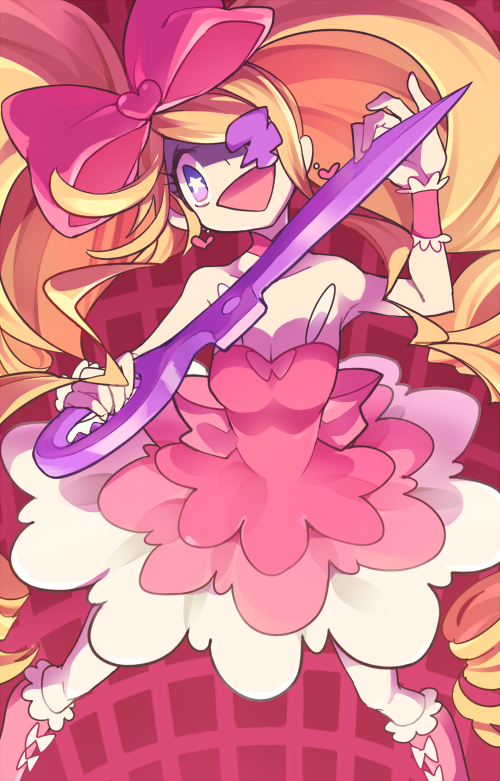 bare_shoulders big_hair blonde_hair boots bow breasts cleavage dress drill_hair earrings eyepatch hair_bow harime_nui huge_bow jewelry kill_la_kill large_breasts long_hair open_mouth pink_bow pink_footwear purple_eyes scissor_blade smile solo star star-shaped_pupils strapless strapless_dress symbol-shaped_pupils twin_drills twintails wrist_cuffs yamaarashi