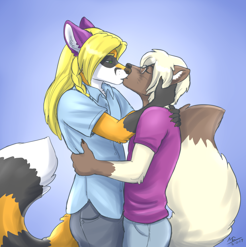 anthro black_fur brown_fur canid canine clothing conditional_dnp dipstick_tail duo eyes_closed fluffy fluffy_tail fox fur kissing male male/male mammal moodyferret multicolored_fur multicolored_tail orange_fur pants romantic_couple shirt two_tone_fur white_fur