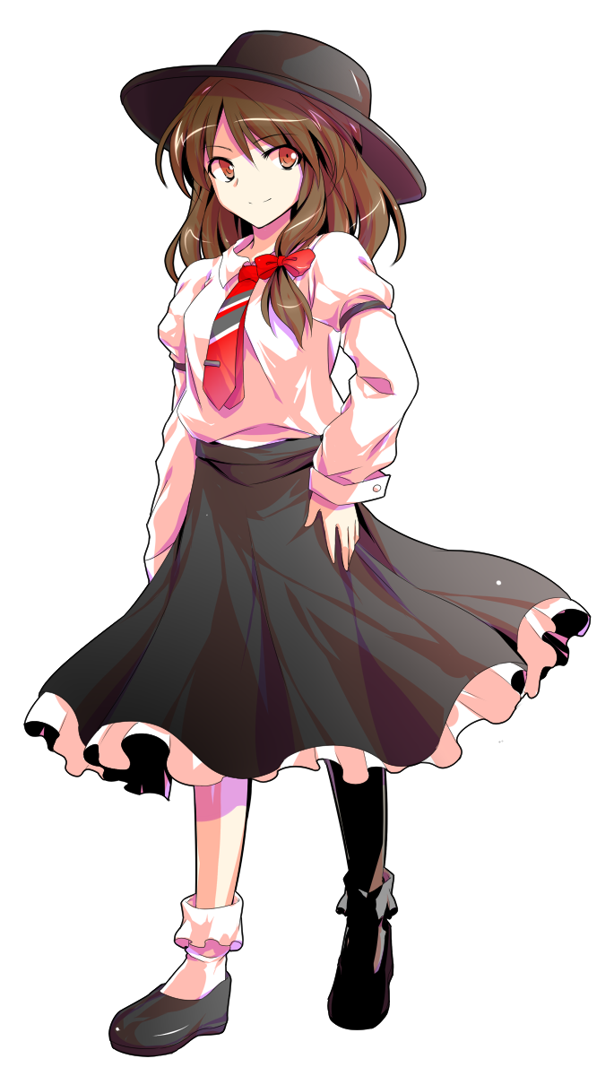 alphes_(style) bow brown_hair dairi full_body hair_bow hand_on_hip hat highres long_hair necktie parody red_eyes skirt smile solo style_parody touhou transparent_background usami_renko