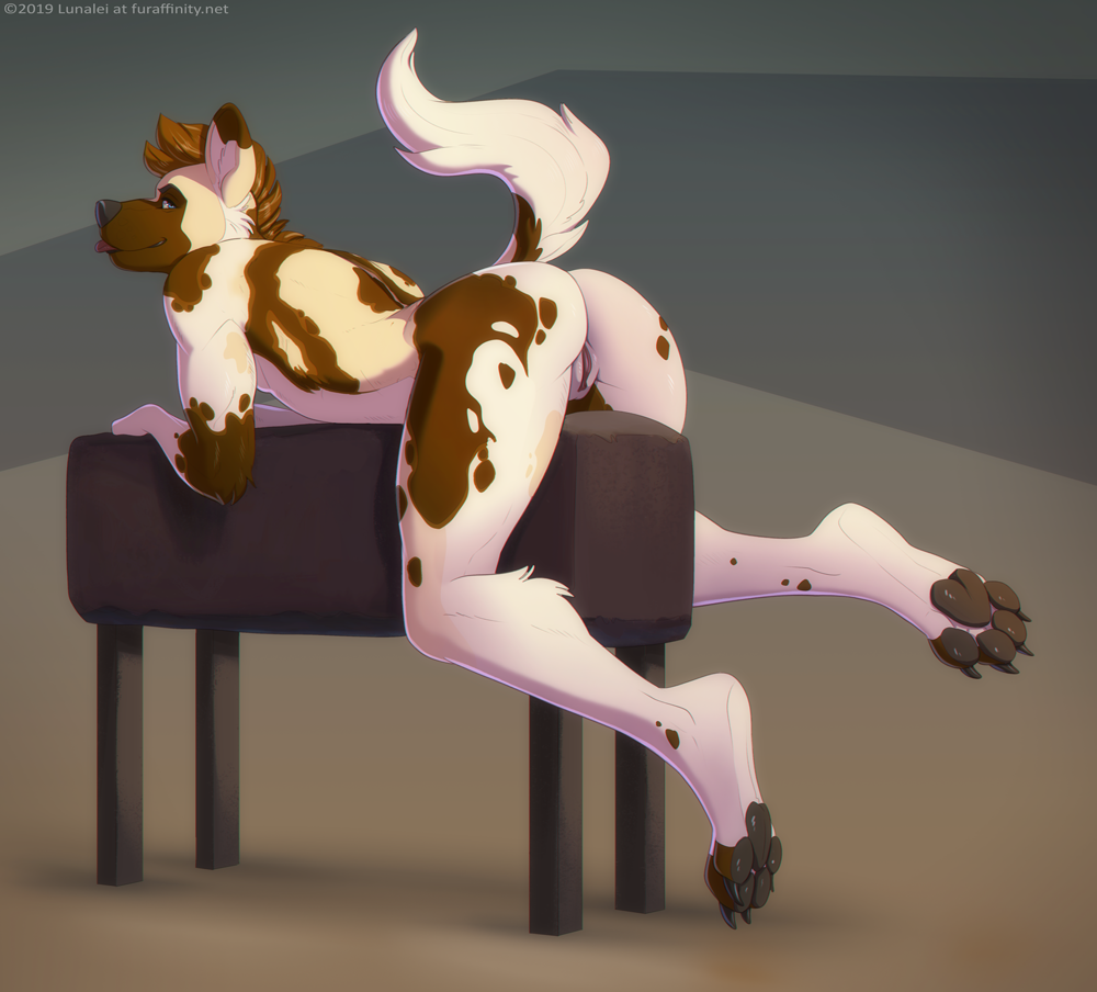 2019 4_toes african_wild_dog anthro black_nose black_pawpads brown_hair canid canine digital_media_(artwork) digitigrade female hair lunalei mammal nude pawpads smile solo toes wild_dog_(disambiguation)