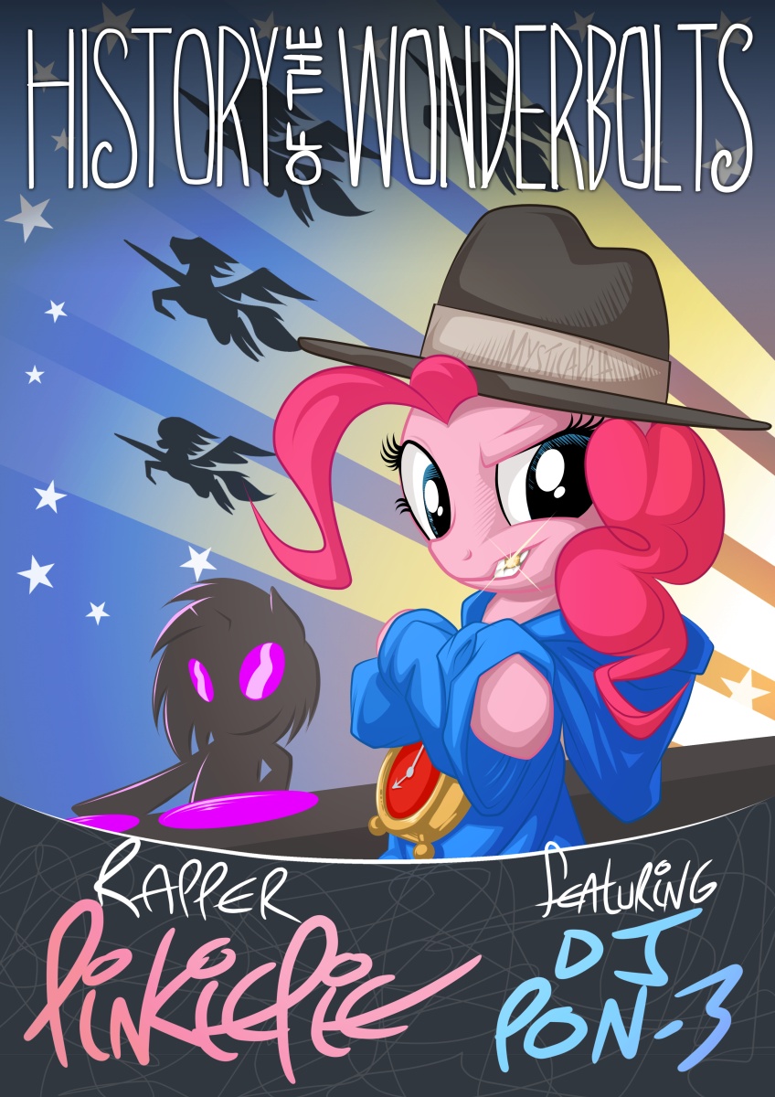 clock english_text equine eyewear fedora female friendship_is_magic glasses gold_tooth hair hat hoodie horn horse mammal my_little_pony mysticalpha necklace pegasus pink_hair pinkie_pie_(mlp) pony poster record_player sparkle stars sunglasses text turntable unicorn vinyl_scratch_(mlp) wings