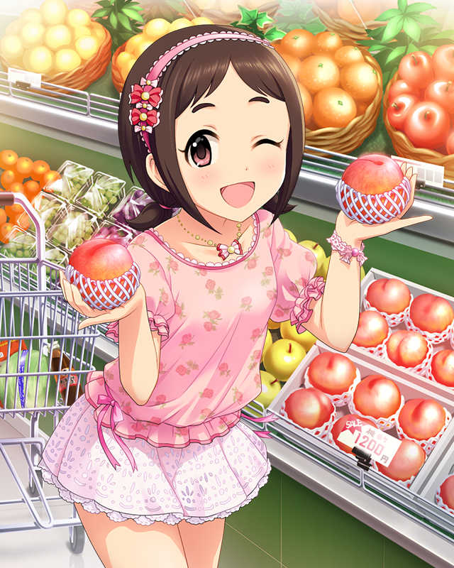 ;d artist_request banana bracelet brown_hair collarbone food fruit groceries hairband idolmaster idolmaster_cinderella_girls jewelry looking_at_viewer low_twintails muramatsu_sakura necklace official_art one_eye_closed open_mouth orange peach shopping shopping_cart skirt smile solo twintails