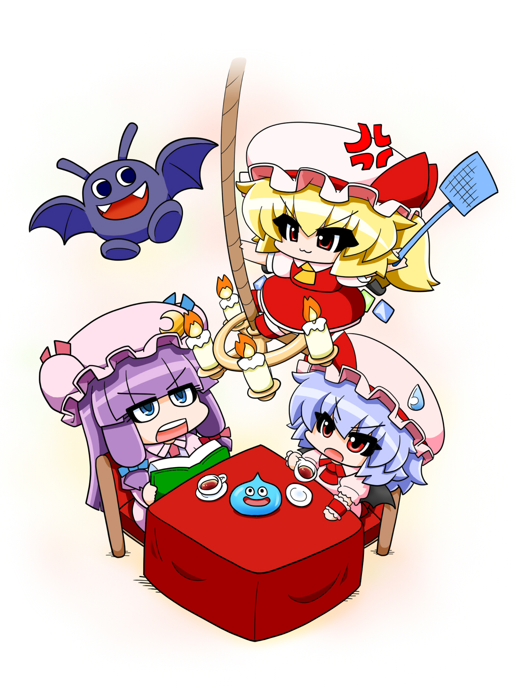:3 :o anger_vein bat bat_wings blonde_hair blue_eyes blue_hair book candelabra chair chibi crescent cup dragon_quest drakee dress fangs flandre_scarlet flying flyswatter hair_ribbon hat hat_ribbon highres mob_cap multiple_girls open_mouth patchouli_knowledge pink_dress purple_dress purple_hair red_dress red_eyes remilia_scarlet ribbon rope sitting slime_(dragon_quest) smile sweatdrop table teacup touhou tress_ribbon v-shaped_eyebrows wings yamato_damashi