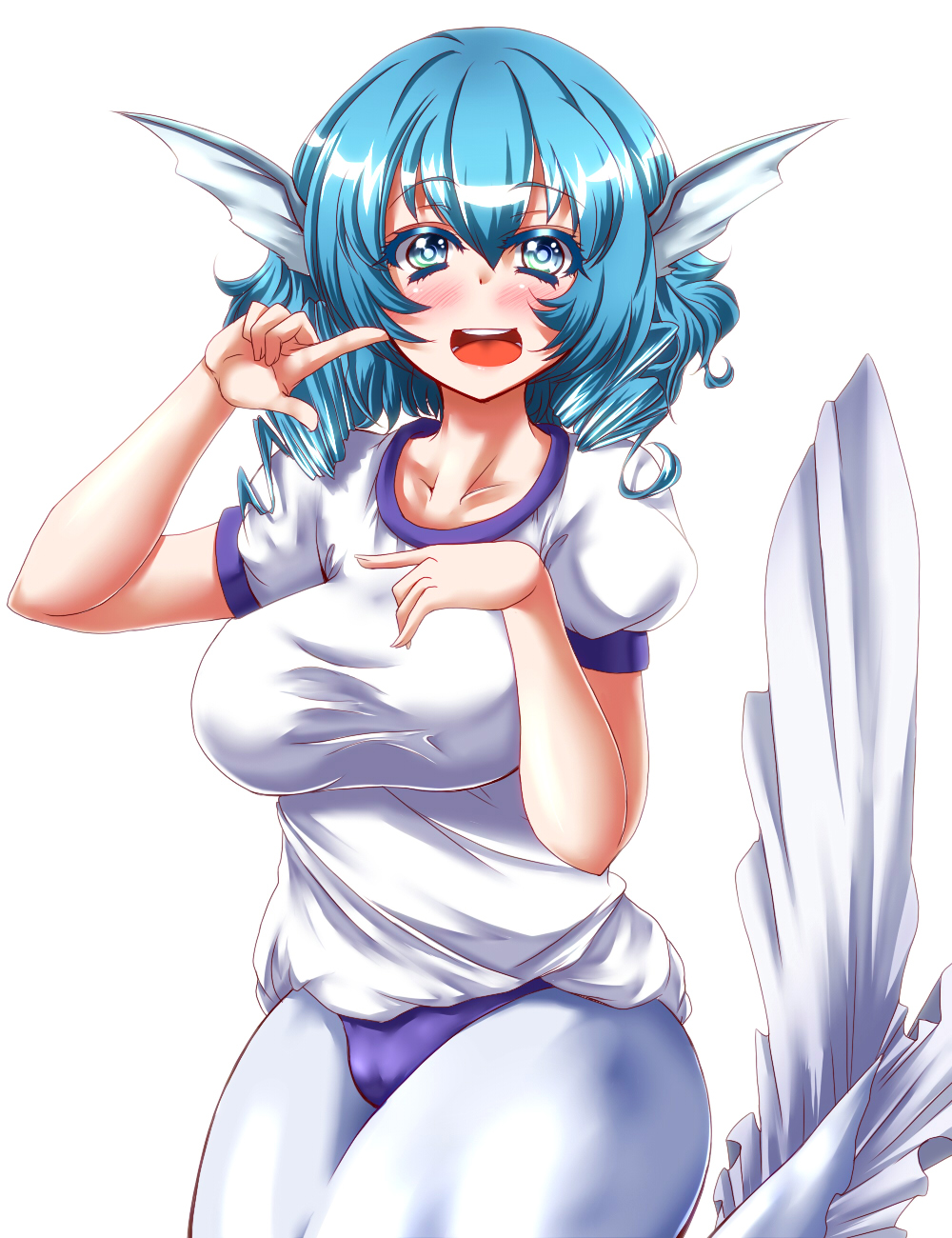 :d alternate_costume blue_eyes blue_hair blush breasts cameltoe collarbone colored_eyelashes commentary_request gym_uniform head_fins highres impossible_clothes impossible_shirt large_breasts mermaid monster_girl open_mouth pointing shirt skin_tight smile solo touhou wakasagihime white_background zan_(harukahime)