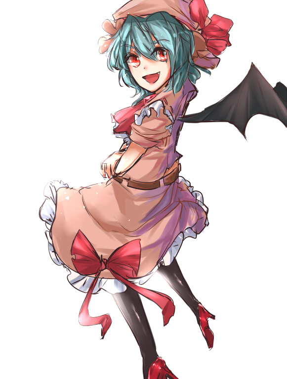 :d bad_id bad_pixiv_id bat_wings black_legwear blue_hair bow crossed_arms dress hat high_heels looking_at_viewer maware_maware mob_cap open_mouth pantyhose red_eyes red_footwear remilia_scarlet shoes smile solo touhou vampire white_background wings