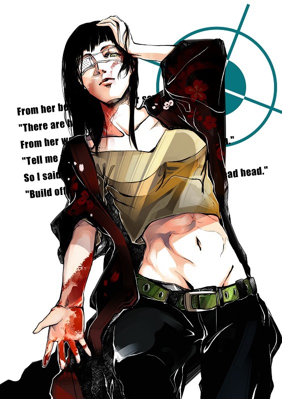 abs belt black_hair blood bloody_hands coat english eyepatch hand_on_own_head jormungand long_hair midriff navel oorum open_clothes open_coat outstretched_hand pants scar sofia_valmer solo tank_top