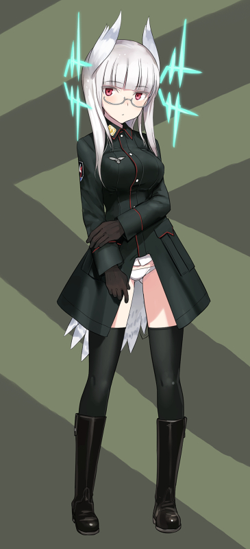 1girl animal_ears black_legwear boots breasts full_body glasses gloves gluteal_fold heidimarie_w_schnaufer hirschgeweih_antennas magic military military_uniform panties red_eyes shimada_fumikane socks solo standing strike_witches tail thighhighs underwear uniform white_hair world_witches_series