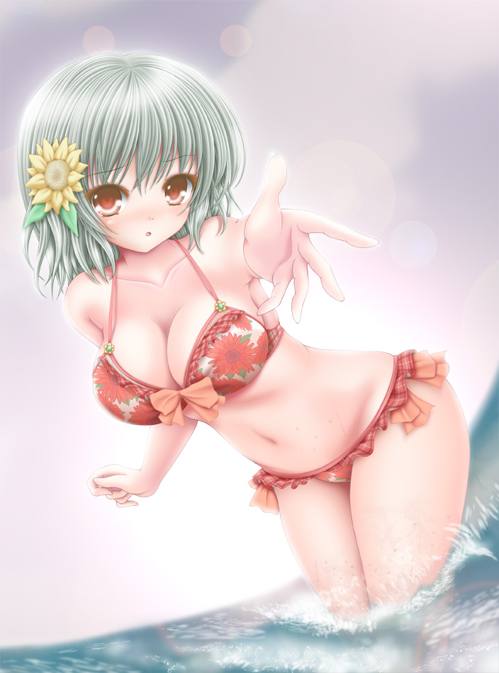 akino_irori beckoning bikini bow breasts cleavage collarbone floral_print flower foreshortening frilled_bikini frills green_hair hair_flower hair_ornament heart heart-shaped_pupils kazami_yuuka large_breasts looking_at_viewer ocean outstretched_arm outstretched_hand partially_submerged red_bikini red_eyes solo swimsuit symbol-shaped_pupils touhou water