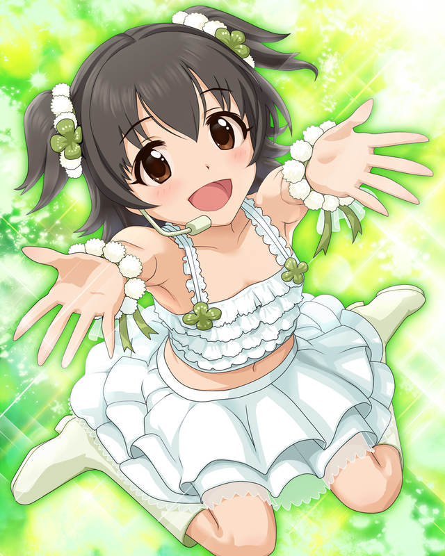 akagi_miria artist_request black_hair blush brown_eyes crop_top headset idolmaster idolmaster_cinderella_girls looking_at_viewer midriff navel official_art open_mouth outstretched_arms sitting skirt smile twintails wariza