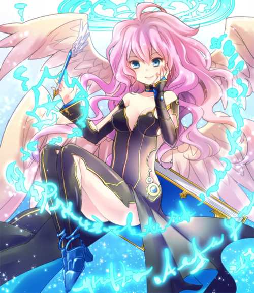 archangel_metatron_(p&amp;d) black_dress blue_eyes dress fountain_pen hoshino long_hair looking_at_viewer pen pink_hair puzzle_&amp;_dragons smile solo wings