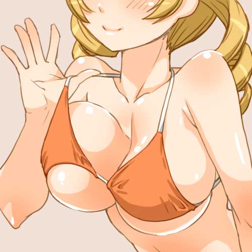 bare_shoulders bikini_lift bikini_top blonde_hair blush breasts drill_hair head_out_of_frame large_breasts lifted_by_self lowres mahou_shoujo_madoka_magica navel shinama smile solo tomoe_mami twin_drills twintails upper_body