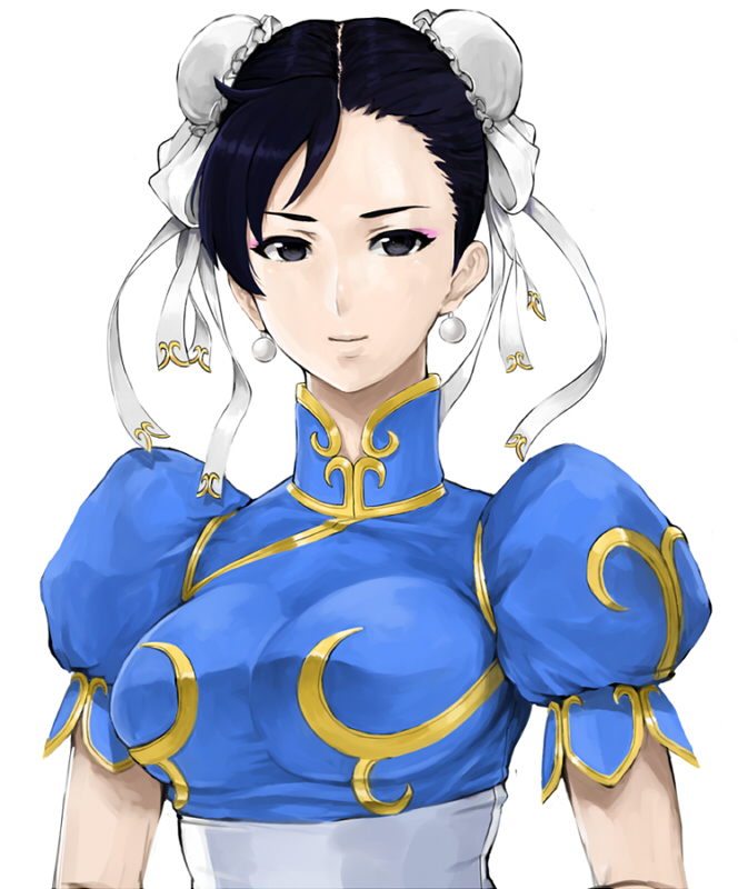 black_hair bun_cover china_dress chinese_clothes chun-li commentary_request double_bun dress earrings eyeliner jewelry lips madarame makeup sash smile solo street_fighter street_fighter_ii_(series)