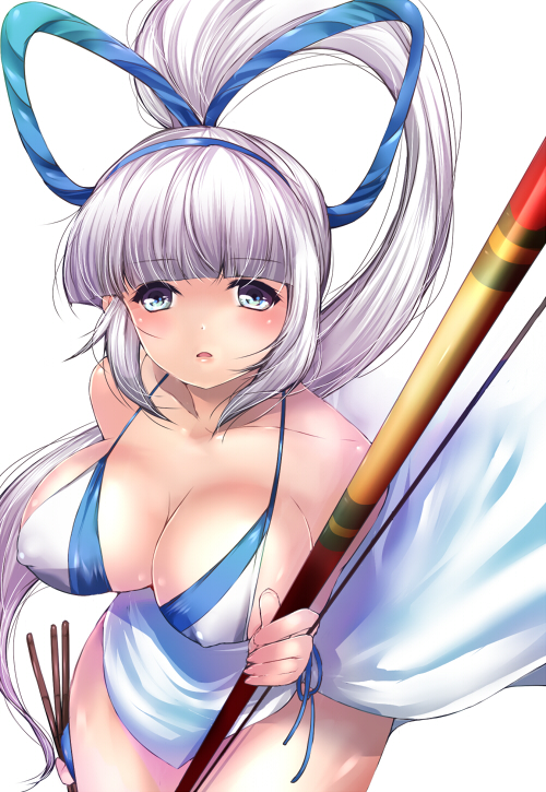 amatsuba_mimina bare_shoulders blue_eyes bow_(weapon) breasts cleavage covered_nipples high_ponytail large_breasts long_hair looking_at_viewer majikina_mina parted_lips samurai_spirits silver_hair snk solo very_long_hair weapon