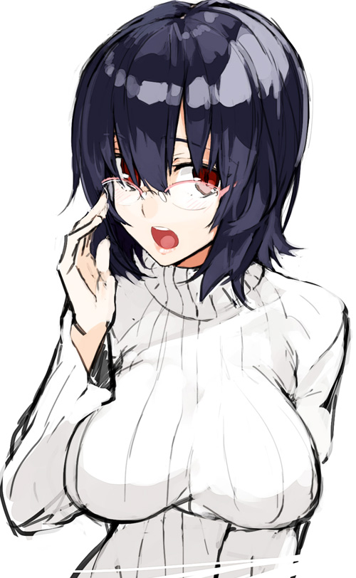 adjusting_eyewear alternate_costume bad_id bad_pixiv_id bespectacled black_hair breasts glasses kantai_collection large_breasts open_mouth red_eyes ribbed_sweater ruuto_(sorufu) semi-rimless_eyewear short_hair solo sweater takao_(kantai_collection) turtleneck