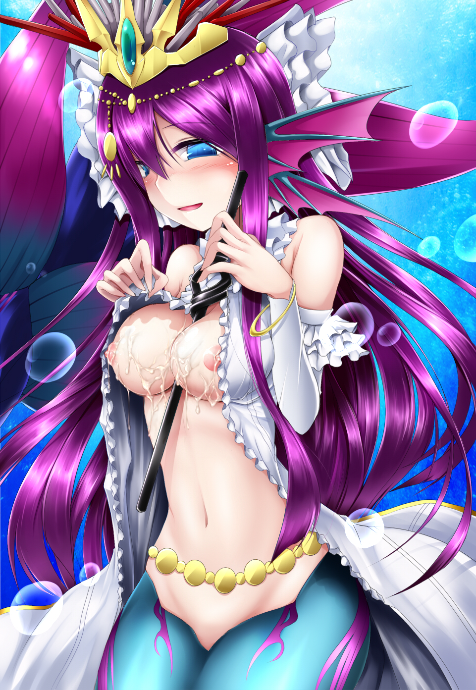 animal_ears bare_shoulders belly_chain blue_eyes blush bracelet breasts bubble crown cum cum_on_body cum_on_breasts cum_on_upper_body highres jewelry long_hair looking_at_viewer medium_breasts mermaid monster_girl mouth_hold navel nipples open_clothes open_mouth open_shirt purple_hair puzzle_&amp;_dragons shimo_(depthbomb) shirt siren_(p&amp;d) smile solo