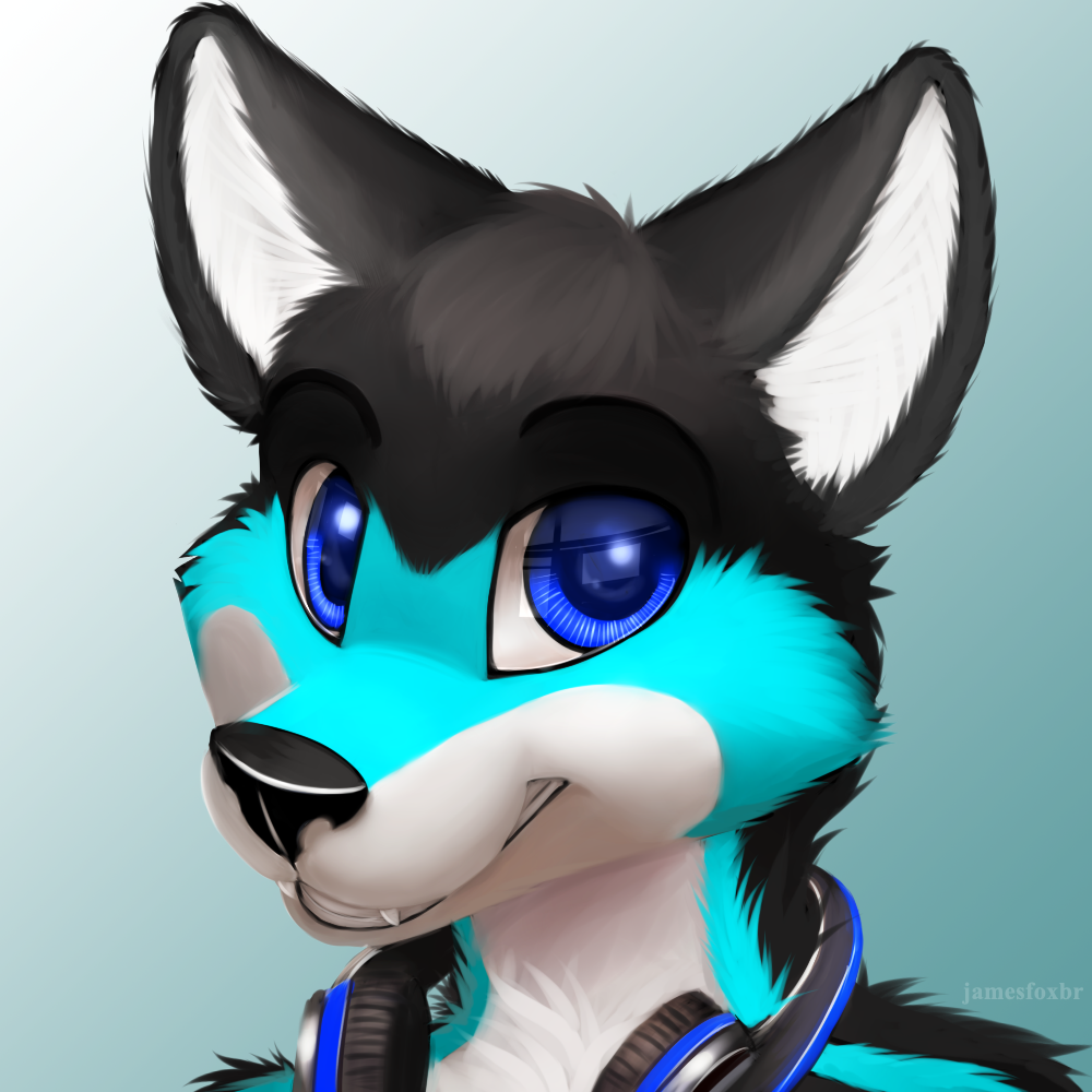 anthro blue_eyes canine cute fur hair jamesfoxbr looking_at_viewer male mammal plain_background smile solo teeth