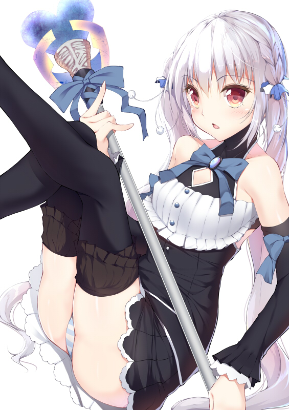 bad_id bad_pixiv_id bare_shoulders black_legwear detached_sleeves legs_together long_hair magical_girl original panties silver_hair solo staff striped striped_panties thighhighs twintails underwear very_long_hair yappen