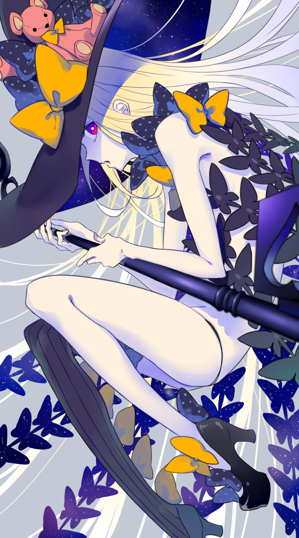 1girl abigail_williams_(fate/grand_order) asymmetrical_legwear black_bow black_footwear black_hat black_legwear black_panties blonde_hair bow fate/grand_order fate_(series) floating_hair from_side groin hat hat_bow highres hisame_(gocbu) holding holding_staff long_hair looking_at_viewer open_mouth orange_neckwear panties polka_dot polka_dot_bow red_eyes revealing_clothes solo staff striped striped_legwear stuffed_animal stuffed_toy teddy_bear thighhighs underwear vertical-striped_legwear vertical_stripes very_long_hair white_skin witch_hat yellow_bow