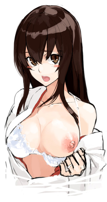 akagi_(kantai_collection) bad_id bad_pixiv_id bare_shoulders blush_stickers breasts brown_eyes brown_hair japanese_clothes kantai_collection large_breasts long_hair nipples off_shoulder open_mouth ruuto_(sorufu) simple_background solo white_background
