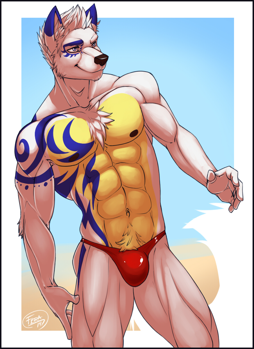 abs anthro biceps black_nipples black_nose blue_eyes bulge canine chest_tuft fahleir feralise fur grin hair male mammal muscles nipples pecs pose smile solo speedo standing swimsuit tattoo toned topless tuft ulric white_fur white_hair wolf yellow_fur
