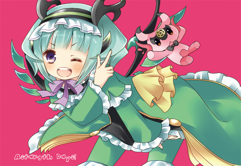 aqua_hair astaroth_(p&amp;d) cauchemar_(p&amp;d) doll dress green_dress hairband horns hoshino looking_at_viewer one_eye_closed open_mouth pentagram purple_eyes puzzle_&amp;_dragons short_hair smile solo wings