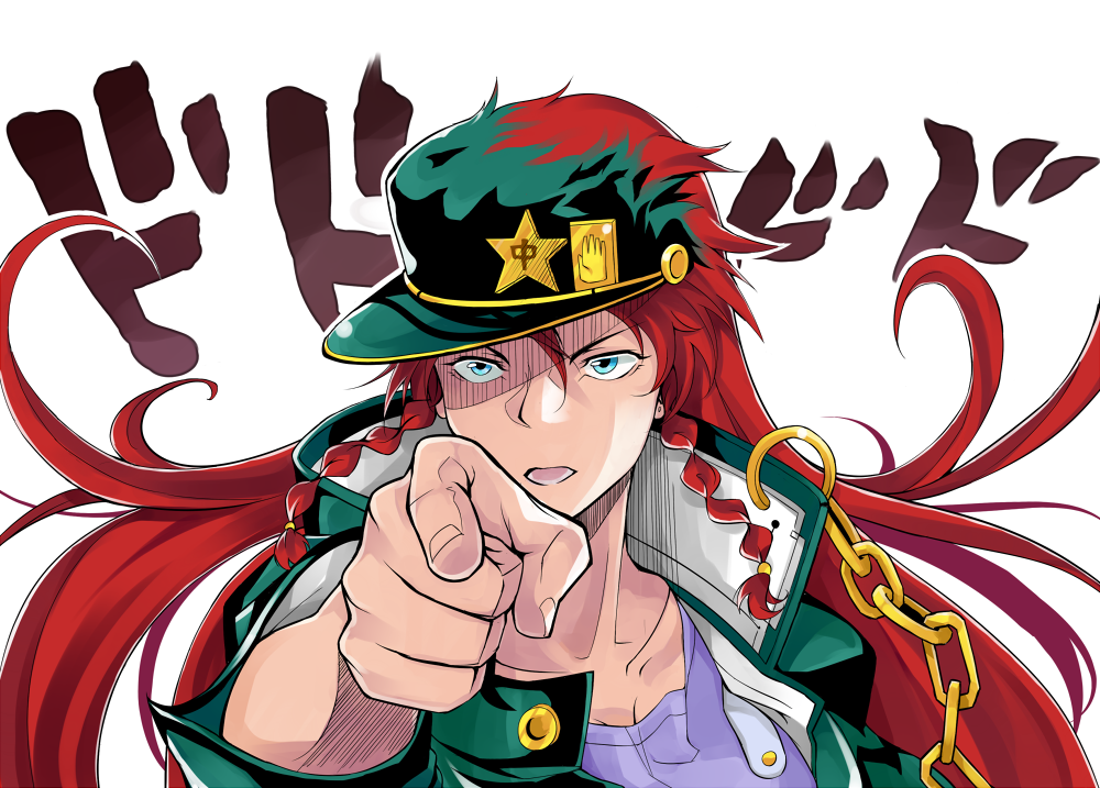 aa-rance bad_id bad_pixiv_id blue_eyes braid chain chinese_clothes cosplay hat high_collar hong_meiling jojo_no_kimyou_na_bouken jojo_pose kuujou_joutarou kuujou_joutarou_(cosplay) long_hair open_mouth pointing pose red_hair solo star touhou twin_braids