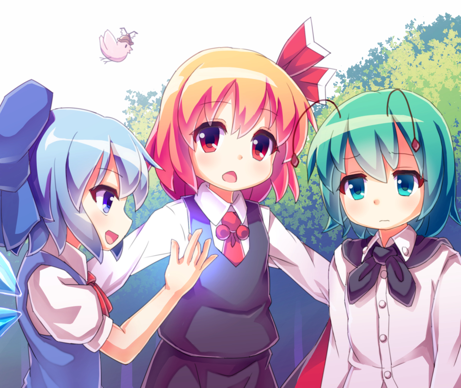 antennae blonde_hair blue_eyes blue_hair bow cape chestnut_mouth cirno flying frown green_eyes green_hair hair_bow hair_ribbon hand_up hat long_sleeves looking_at_another looking_at_viewer multiple_girls mystia_lorelei mystia_lorelei_(bird) necktie open_mouth outdoors pinching puffy_short_sleeves puffy_sleeves puremiamuanago red_eyes ribbon rumia short_sleeves skirt skirt_set team_9 touhou tree white_background wings wriggle_nightbug