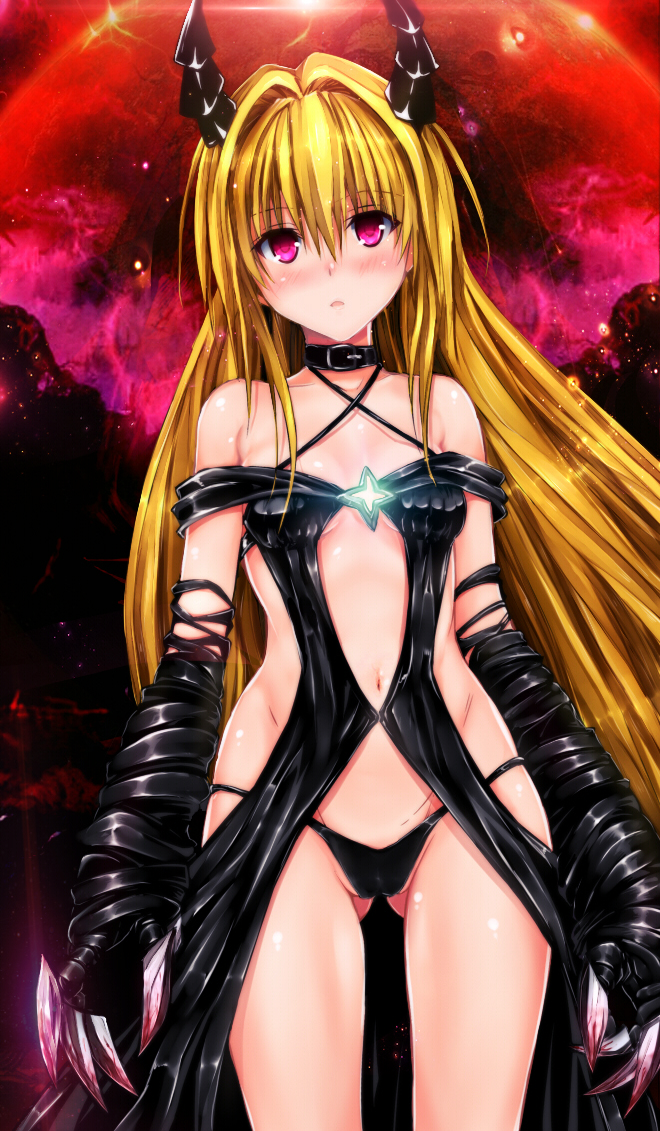 alternate_costume bangs bare_shoulders black_dress black_panties blonde_hair blood blush breasts claws collar colorized criss-cross_halter dark_persona dress elbow_gloves gloves groin hair_between_eyes hair_intakes halterneck horns inui_sanagi konjiki_no_yami leather long_hair looking_at_viewer lowleg lowleg_panties midriff navel navel_cutout nose_blush off_shoulder panties parted_lips partially_visible_vulva pitui1996 red_eyes small_breasts solo standing to_love-ru to_love-ru_darkness underboob underboob_cutout underwear very_long_hair wide_hips