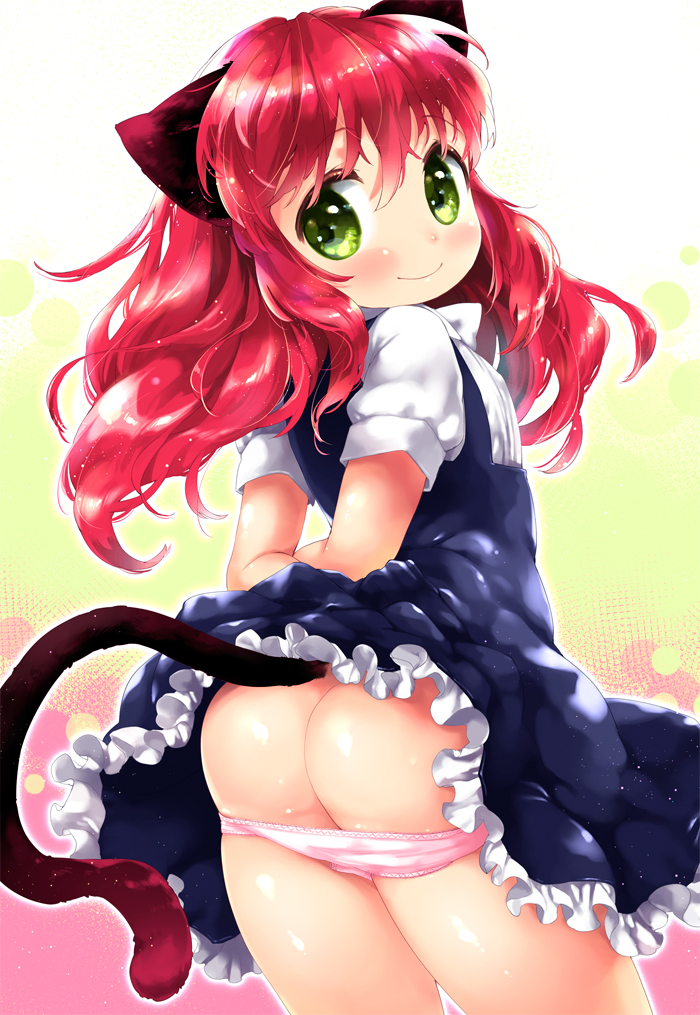 animal_ears arms_behind_back ass bad_id bad_pixiv_id blush cat_ears cat_tail dress dress_lift eyebrows_visible_through_hair from_behind green_eyes long_hair looking_at_viewer looking_back mutou_mato original panties panty_pull pink_panties red_hair short_sleeves smile solo tail underwear