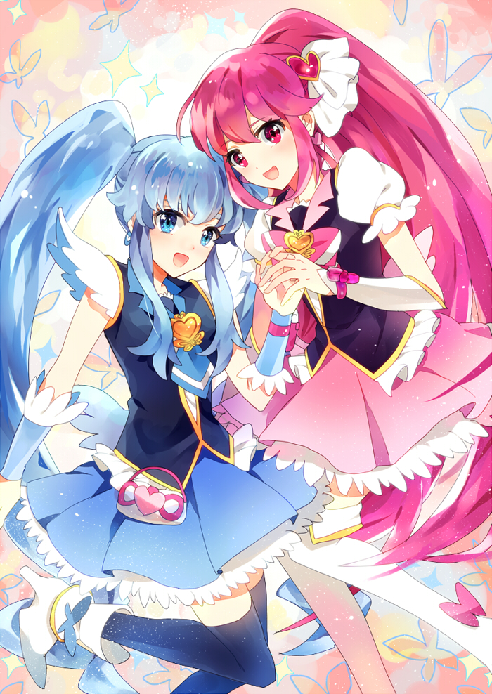 aino_megumi bad_id bad_pixiv_id black_legwear blue_eyes blue_hair blue_skirt boots bow bowtie brooch bug butterfly cure_lovely cure_princess earrings hair_ornament happinesscharge_precure! heart heart_hair_ornament holding_hands insect jewelry long_hair magical_girl multiple_girls necktie pink_bow pink_eyes pink_hair pink_skirt ponytail precure ranpakranpakranpak shirayuki_hime shoes sidelocks skirt smile thigh_boots thighhighs twintails wide_ponytail wrist_cuffs