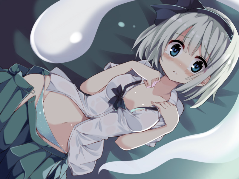 bangs black_bow black_hairband black_neckwear black_ribbon blue_eyes blue_panties blunt_bangs blush bow bowtie breasts buckle buttons cleavage clenched_teeth collared_shirt cowboy_shot dress_shirt eyeball floating ghost green_skirt groin hair_ribbon hairband head_tilt hitodama konpaku_youmu konpaku_youmu_(ghost) looking_at_viewer maturiuta_sorato medium_breasts navel nose_blush open_clothes open_shirt open_skirt panties parted_lips pleated_skirt polka_dot polka_dot_panties ribbon shirt short_hair short_sleeves silver_hair skirt skirt_pull solo talking tareme teardrop tears teeth touhou underwear undressing white_shirt