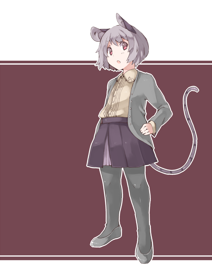 akagashi_hagane alternate_costume animal_ears black_legwear full_body grey_hair jacket looking_at_viewer looking_down mouse_ears mouse_tail nazrin open_mouth pantyhose red_background red_eyes shirt shoes short_hair simple_background skirt solo tail touhou white_background