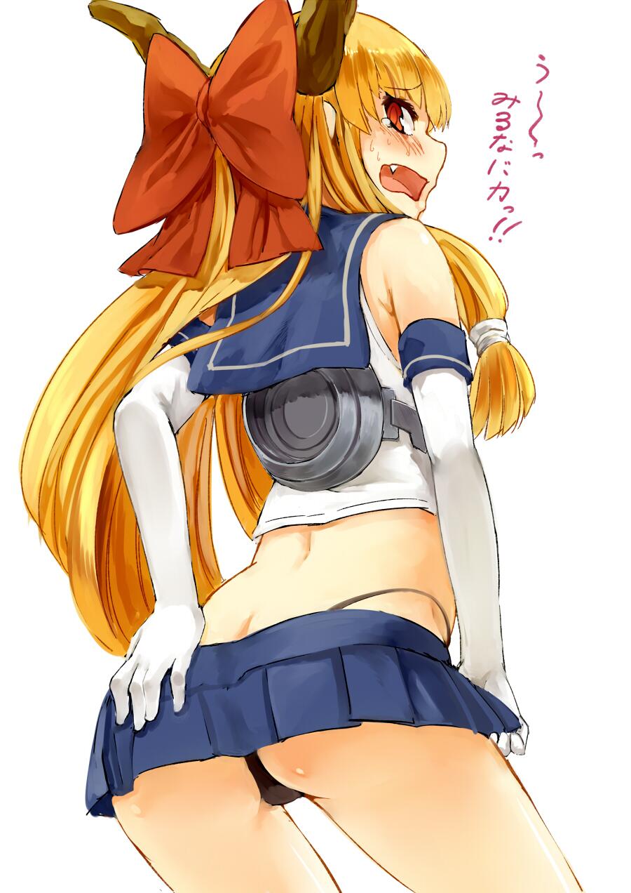 ass back black_panties blush cosplay elbow_gloves embarrassed fang gloves hair_ornament hair_ribbon hand_on_ass highres horns ibuki_suika kantai_collection long_hair looking_at_viewer looking_back microskirt nishiuri open_mouth orange_hair panties red_eyes ribbon shimakaze_(kantai_collection) shimakaze_(kantai_collection)_(cosplay) shirt simple_background skirt sleeveless solo sweat tears text_focus thong touhou translated underwear white_background white_gloves