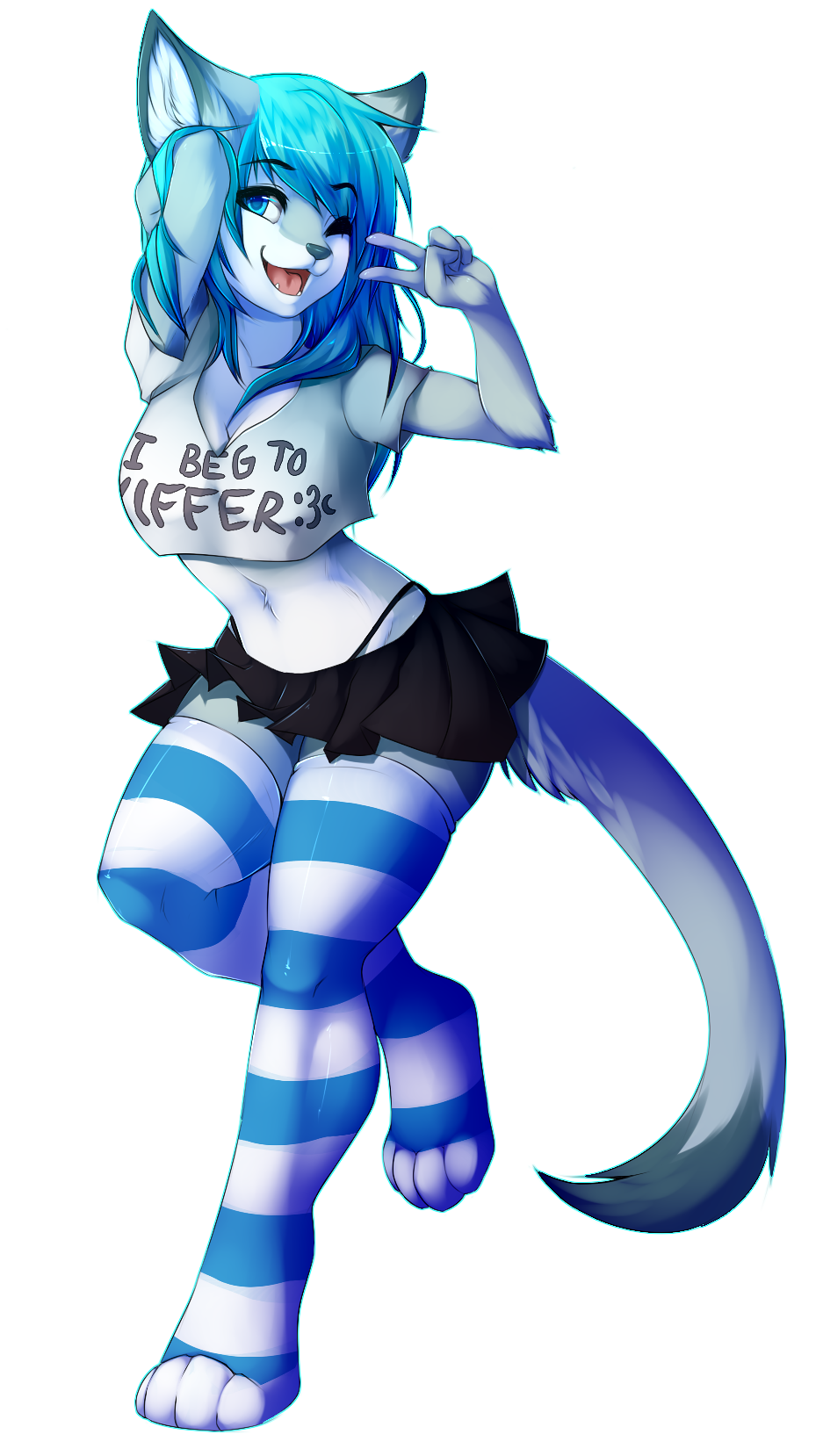 alpha_channel blue_eyes blue_hair cat clothed clothing feline female fur grey_fur hair looking_at_viewer mammal midriff one_eye_closed plain_background skimpy skirt solo standing striped_socks techtile thuric transparent_background white_fur