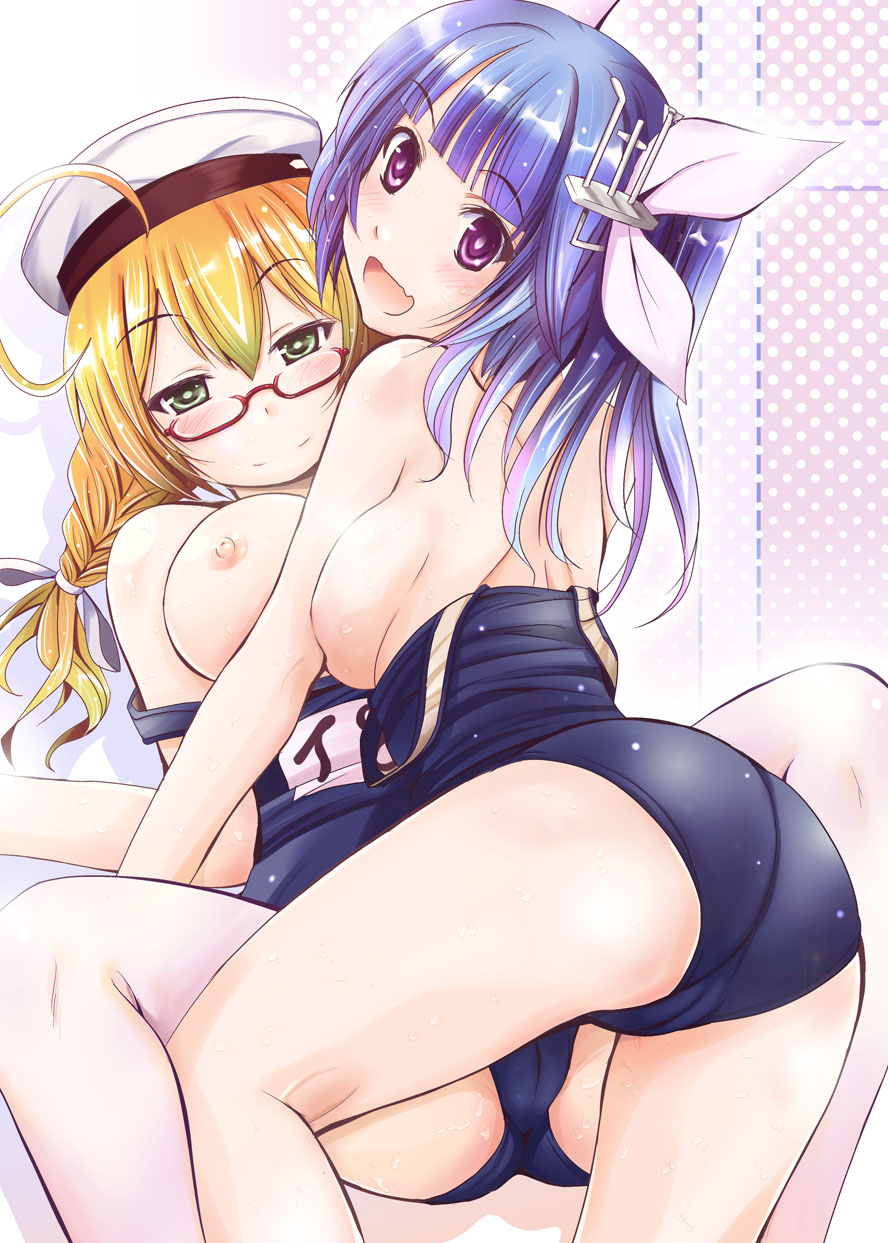 arino_hiroshi blonde_hair blue_hair breasts cameltoe green_eyes hair_ribbon hat highres i-19_(kantai_collection) i-8_(kantai_collection) kantai_collection large_breasts long_hair looking_at_viewer multiple_girls one-piece_swimsuit open_mouth red_eyes ribbon school_swimsuit swimsuit twintails
